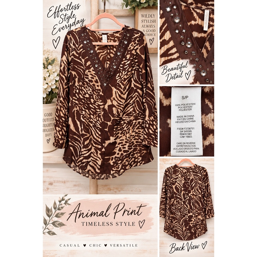 Animal Print Rhinestone V-Neck Tunic Blouse Brown Tan S